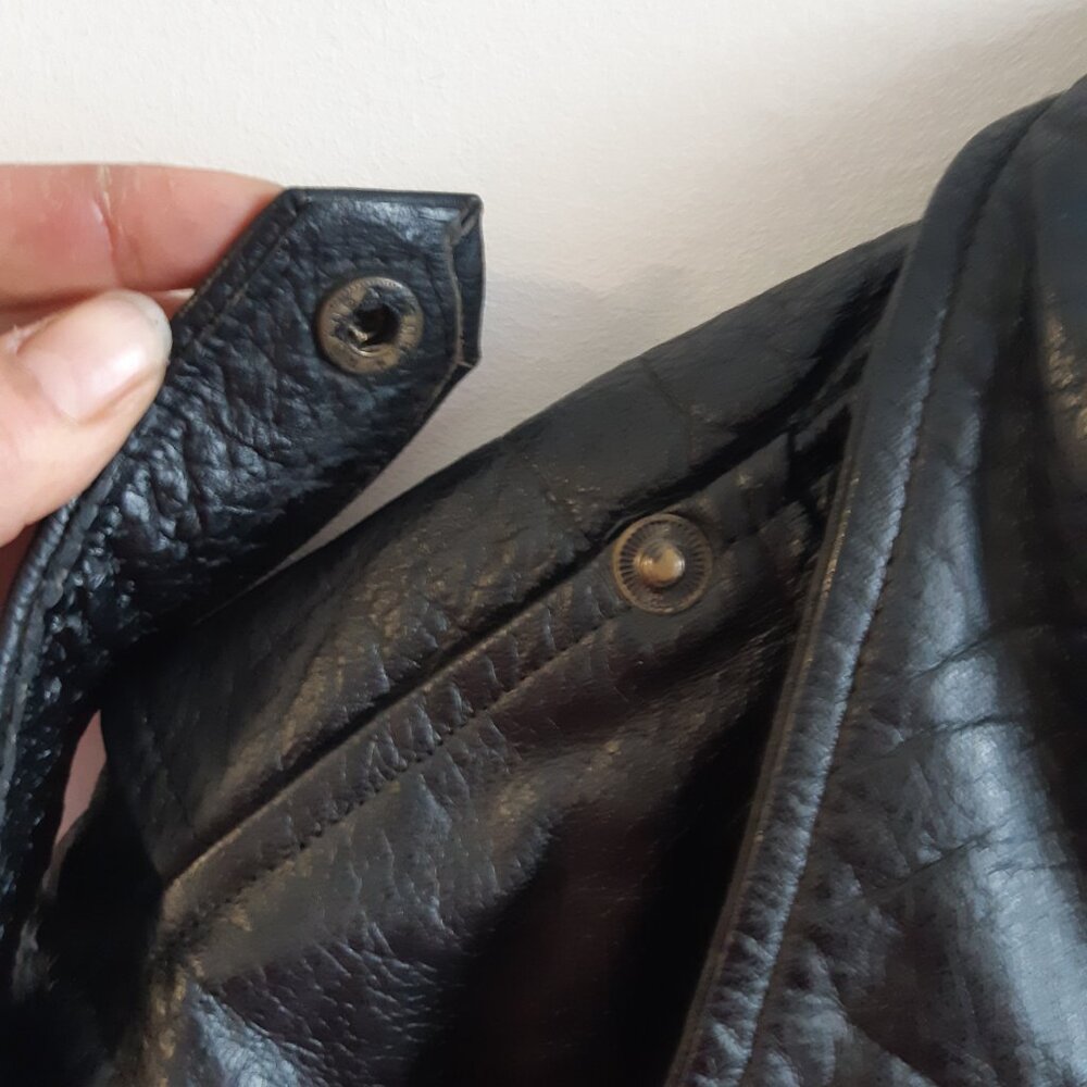 Rare Vintage Black Leather Bicker Jacket Great Seal of Oklahoma 1907 Snaps Large - Picture 14 of 17
